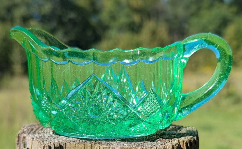 L.G. Wright Daisy & Button Green Vaseline Uranium Glass Creamer